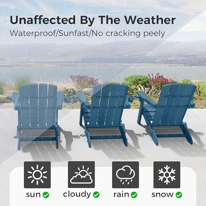 Folding Adirondack Chair Wood Texture 6 Pack, HDPE All-Weather Fire Pit Chairs, Plastic Adirondack Chairs with 2 Cup Holder, Outdoor Lawn Chair for Patio Garden (Navy Blue)