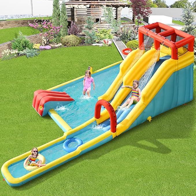 BOUNTECH Inflatable Water Slide, Dual Slides Kids Water Slide Park Jump Bouncy Castle w/2 Swimming Rings, Blower, Large Splash Pool, Backyard Outdoor Blow up Water Slides Inflatables for Big Kids