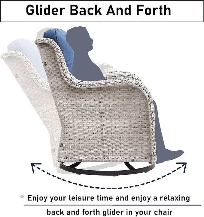 Luxury Wicker Swivel Patio Chairs Set of 3, Outdoor Swivel Rocking Chairs with Side Table, Outdoor Bistro Set for Patio, Porch, Yard, Deck, Poolside, Light Beige/Blue