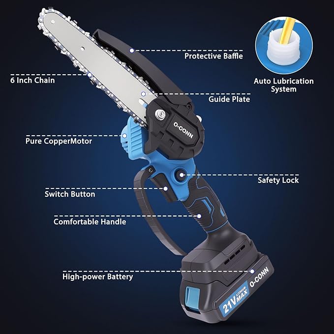 O-CONN Mini Chainsaw Cordless 6 Inch Handheld Chain Saw with Security Lock & Auto Oiler System, Portable Electric Small Chainsaw for Tree Branches, Courtyard, Household & Garden