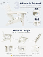 KINGYES Folding Adjustable Adirondack Chair with Ottoman & 2 Cup Holders Set of 2, HDEP Multifunctional Adirondack Chair with Footrest, White