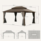 Domi 12' x 16' Hardtop Gazebo Permanent Metal Gazebo with Galvanized Steel Double Roof, Curtains and Netting for Party, Wedding, Outdoor Dining, Patio, Backyard, Brown