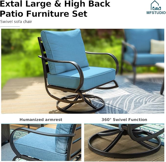 MFSTUDIO 5 Pieces Patio Conversation Sets, Outdoor Metal Furniture Sofas with 1 x 28 50,000 BTU Square Propane Gas Fire Pit Table and 4 x Steel Frame Patio Sofa Swivel Chairs with Navy Cushion