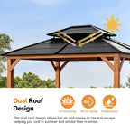 Modern Shade Wood Gazebo 11' x 13', Cedar Framed Wooden Gazebo with Double Galvanized Steel Roof, Hardtop Pavilion with Sturdy Hooks for Garden, Backyard Patio and Deck