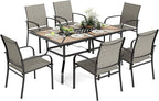 Outdoor Patio Dining Set 7 Piece Furniture Set with 6 Brown Textilene Chairs and Wood-Like Table Top Rectangular Table for Deck Garden Backyard Lawn Poolside
