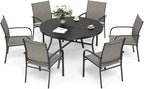 7 Piece Outdoor Dining Set for 6, 54" Round Metal Table with Umbrella Hole, 6 Brown Dining Chairs, Patio Table and Chairs Set for Backyard Lawn