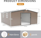 10×12 Ft Metal Shed Outdoor Storage with Two Daylight Windows, 0.25mm Galvanized Steel Metal Garden Shed Waterproof with Lockable Door for Backyard, Patio, Garden，Brown