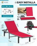 Aluminum Chaise Lounge Chair Outdoor with Wheels, Patio Lounge Chair with Adjustable 5-Position Recliner and Full Flat Tanning Chair for Patio, Beach, Pool, Red