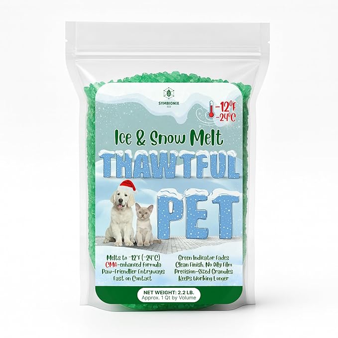 Thawtful Pet Safe Ice Melt – Pet Friendly Ice Melt, Snow Melt – Green Granules with CMA, Melts to −12°F (−24°C) - Driveway Salt & Sidewalk Salt for Ice (1 qt. - 2.2 lb.)