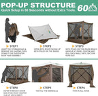 COBIZI 6x6 Pop up Gazebo Tent on Clearance, Ez up Waterproof Screen Tent Screen House with 3 sidewalls,Portable Outdoor Canopy with Carry Bag & Ground Stakes for Camping,Garden and Picnics, Brown