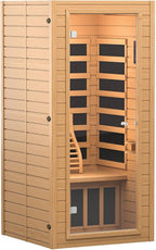 springspa Far Infrared Sauna 1 Person Indoor Sauna Spa Room, Canadian Hemlock Wooden Infrared Saunas for Home with Low Emf Lighting, Bluetooth Speakers, LCD Control Panel, 9 Chromotherapy