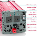 2500 Watt Pure Sine Wave Power Inverter 12V DC to 110V 120V Converter for Home, RV and Off-Grid Solar Systems with Type-C Port, 2 AC Outlets, Dual USB Ports, Remote Control with LCD Screen