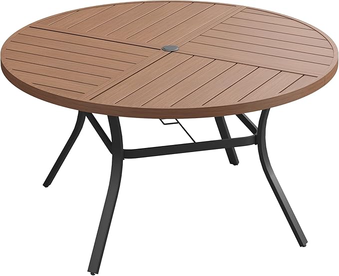 VICLLAX Outdoor Patio Round Dining Table, 54"x 54" Spliced Metal Tabletop for Deck Lawn Garden Backyard, Walnut