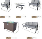 6 Pieces Patio Conversation Sets, All Weather Metal Outdoor Furniture Set, 3-Seater, 2 Single Chairs, 1 Loveseat, 1 Coffee Table, 1 Fire Pit Table for Backyard Garden Deck Porch Poolside, Gray