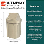 42 Gallon Round 100% Recycled Plastic Indoor or Outdoor Commercial Trash Can with Easy Access Swing Top Lid | Great for Schools and Businesses - Beige Granite