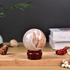 JIC Gem Natural Pink Agate Crystal Sphere Pink Crystal Decorative Ball with Wooden Stand Meditation Balls for Witchcraft Reiki Healing Gift 50-60mm
