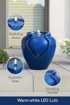 Teamson Home Outdoor Water Fountain, Glazed Pot Ceramic Look with LED Lights & Pump, Royal Blue, 16.93” Patio Garden Water Feature, Cascading Zen Fountain for Backyard, Porch, Deck, Home Decor