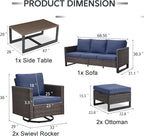 6 Piece Wicker Patio Furniture Set - Outdoor Swivel Rocker Chairs Set with Coffee Table, 3 Seat Sofa & Ottomans, Small Patio Conversation Sets Proch Furniture for Balcony Deck - Brown/Blue