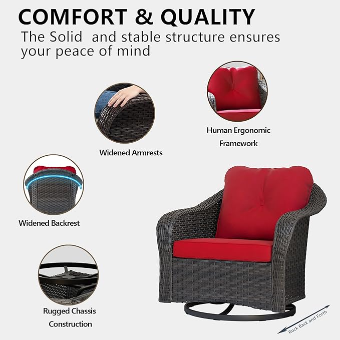 Wicker Swivel Rocking Chairs Set 2 with Storage Side Table - Outdoor Brown Wicker Swivel Glider Chair Outdoor Rocking Chair with Water-Resistant Cushions, Red