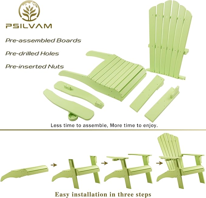 Psilvam Adirondack Chair, Oversized Poly Lumber Fire Pit Chair with Cup Holder, 350Lbs Support Patio Chairs for Garden, Weather Resistant Adirondack Chair Looks Like Real Wood (2, Green)