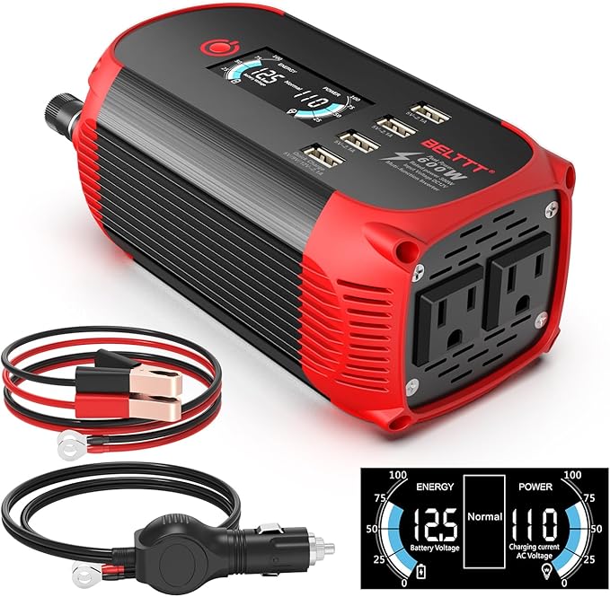 BELTTT 300W Inverter 12V to 110V, 600W Peak Car Power Inverter Dc to Ac Converter for Vehicles, Car Adapter for Plug with 2 AC Outlets, 4 USB Ports and Smart LCD Display, Car Charger for Laptop