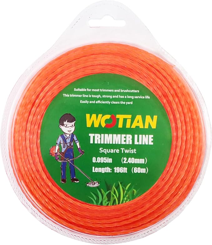 WOTIAN Weed Eater String 0.095-Inches Square Twisted Trimmer Line .095" 196ft Square Twist Weed Wacker String of Premium Nylon Compatible with Stihl Echo Grass Cordless Electric Trimmer,Orange