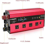 LVYUAN Power Inverter with 4 AC Outlets, LCD Display, Wireless Remote Control, Car Power Inverter for Car, RV, Truck, Off Grid Solar System, Camping (Red, 12V-2000W)