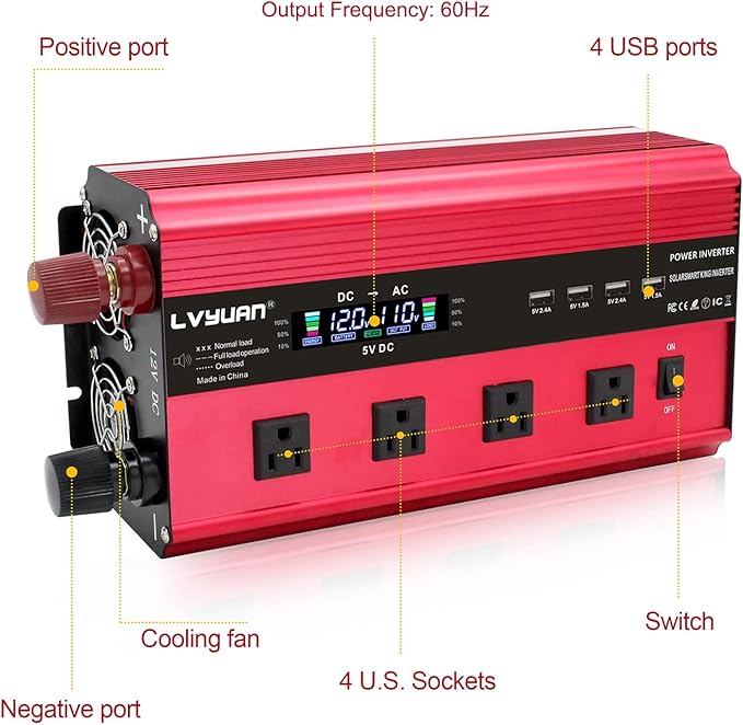 LVYUAN Power Inverter with 4 AC Outlets, LCD Display, Wireless Remote Control, Car Power Inverter for Car, RV, Truck, Off Grid Solar System, Camping (Red, 12V-2200W)