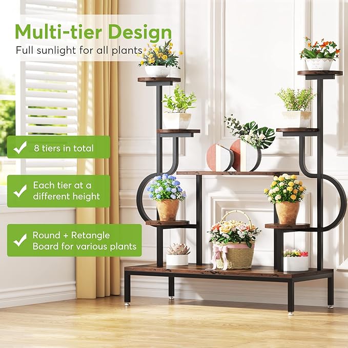 Tribesigns 8-Tier Metal Plant Stand, Large Tall Plant Shelf for Multiple Plants, Round & Square Boards, Wood Indoor Ladder Holder Flower Rack for Living Room, Patio, Balcony (Rustic Brown & Black)
