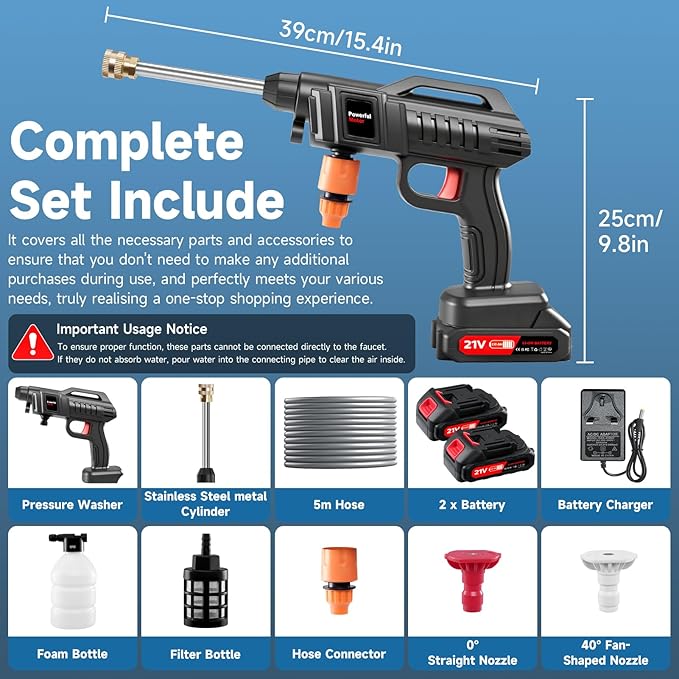 Cordless Pressure Washer Battery Powered, 1500W Portable Power Washer, 60Bar/870PSI Electric Pressure Washer Handheld High Pressure washers Gun with 2 Nozzles, 2 Battery, 5m Hose Cordless Jet Washers