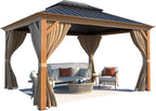 YOLENY 10' x 12' Hardtop Gazebo, Wood-Looking Gazebo with Galvanized Steel Double Roof, Aluminum Frame, Permanent Metal Pavilion with Netting and Curtains for Deck, Backyard, Patio and Lawns