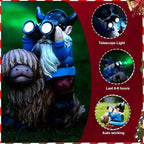 Garden Gnome Statues Resin Gnome Sitting on Highland Cow Solar LED Lights Outdoor Telescope Gnome Decorations