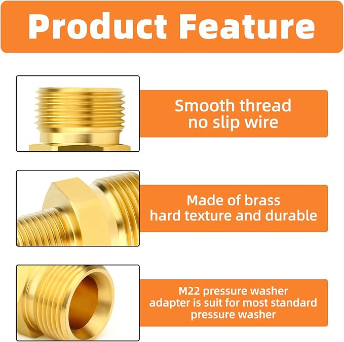 GASHER 5Pcs Brass M22 Pressure Washer Fitting,M22-14mm Male x 1/4"NPT Male Thread Fittings,For Pressure Washer Hose