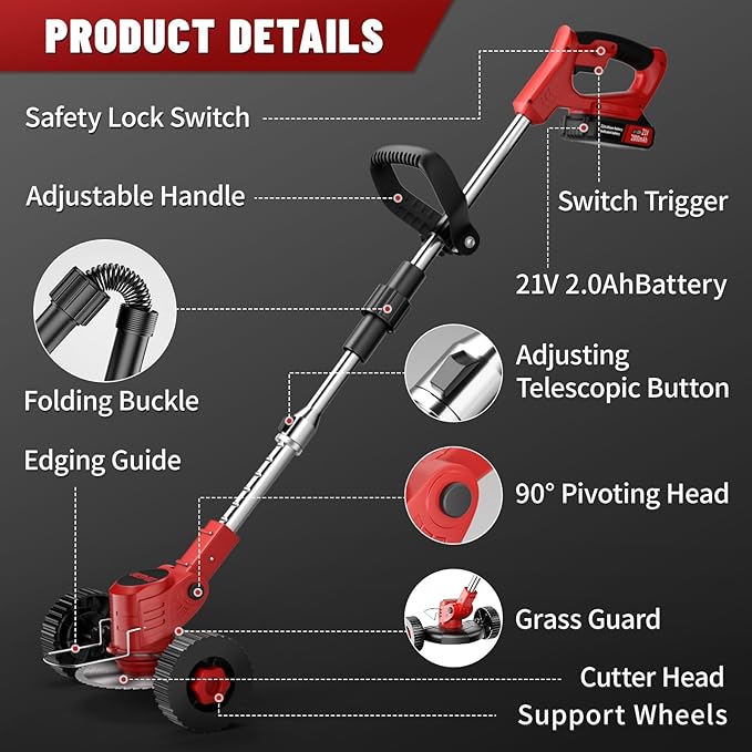 Cordless Electric Weed Wacker, 21V Battery Powered Weed Wacker with 3 Types Blades&2x2.0Ah Battery, Foldable Lightweight Weed Trimmer/Stringless Grass Trimmer/Brush Cutter with for Garden Yard