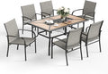 7 Pcs Patio Dining Set for 6, Metal Rectangular Dining Table (PVC Table Top) with Umbrella Hole and 6 Chairs, Outdoor Dining Set for Lawn Garden Deck, Brown