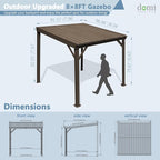 Domi 8’ x 8’ Wall-Mounted Hardtop Gazebo Pergola – Permanent Lean-to Outdoor Shelter with Sloped Galvanized Steel Roof & Upgraded Drainage – Grey Metal Patio Cover for Backyard, Deck, Garden, Brown