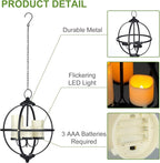 Battery Operated Outdoor Candle Chandelier - Black Metal Globe Hanging Pendant Light with 3 Flameless Candles, 12.6" Waterproof Lights for Gazebo, Pergola, Garden, Porch & Backyard
