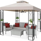 COOS BAY 8x8 Outdoor Patio Gazebo with Corner Shelves, Two-Tier Soft Top Canopy for Backyard, Lawn, Deck and Garden, Beige