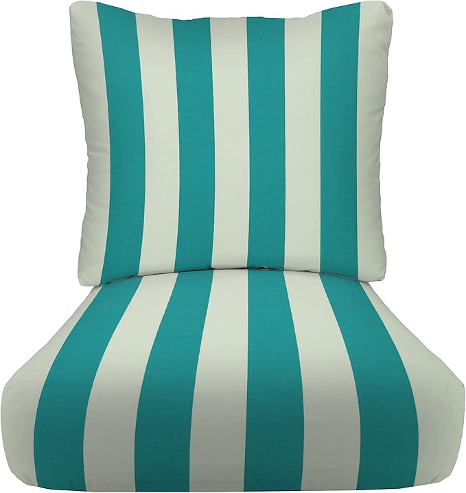 RSH DECOR: Deep Seating Cushion with Pillow Back | 24” x 27” Seat | All-Weather Spun Fabric | Water and Fade-Resistant | Outdoor Chair Cushion Set for Patio Furniture | Cancun & White Stripe