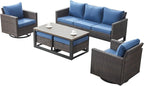 Rilyson Wicker Outdoor Patio Furniture Set - 6 Piece Patio Conversation Set with 2 Swivel Rocker Chairs,2 Rattan Ottoman,1 Couch and 1 Metal Coffee Table for Outside Porch Deck Backyard(Brown/Blue)