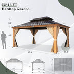 YOLENY 12' x 16' Hardtop Gazebo, Wood-Looking Gazebo with Galvanized Steel Double Roof, Aluminum Frame with Netting and Curtains for Deck, Backyard, Patio and Lawns