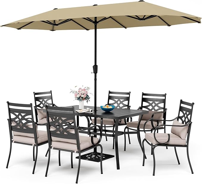 Sophia and William Patio Dining Set for 6, 13ft Patio Umbrella Beige, Removable Seat Cushions, Black 59" Patio Dining Table