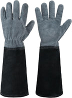 HANDLANDY Long Gardening Gloves for Men & Women, Cowhide Leather Rose Pruning Gloves, Breathable Thorn Proof Gauntlet Glove (Dark Grey-Black, L)