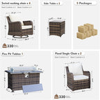MEISSALIVVE 9 Pieces Patio Furniture Set with 43" Fire Pit Table, Wicker Patio Conversation Set with Swivel Rocking Chairs, Outdoor Patio Set for Lawn Backyard Porch (Brown)