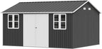 VanAcc 12x14x8.5 FT Galvanized Steel Outdoor Storage Shed with 2 4-Pane Windows Lockable Door, Nordic Cottage Shed for Backyard, Garden, Patio, Dark Grey/White