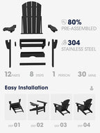 KINGYES Adjustable Folding Adirondack Chair with Footrest & 4-in-1 Multi-Functional Armrest Organizer Set of 2, HDPE Foldable Reclining Adirondack Chair with Pull-Out Ottoman, Black