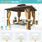 EROMMY 10'x10' Gazebo Hardtop, Galvanized Steel Double Roof Metal Gazebo with Aluminum Frame, Permanent Outdoor Pavilion with Curtain and Netting for Patio, Lawn and Garden, Brown