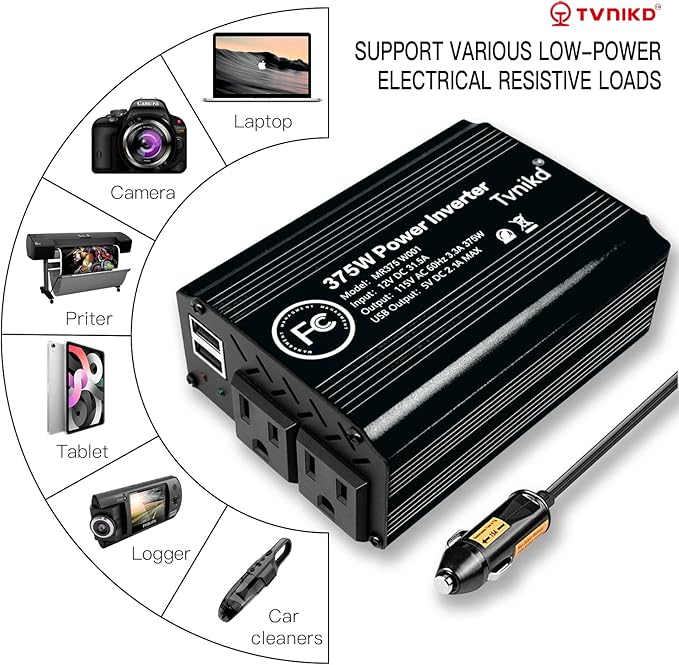 375W/750W(Peak) car Power Inverter 12V to 110V dc to ac with Cigarette Lighter inverters for Vehicles car Camping Truck Trailer with 2 USB outlets-375W
