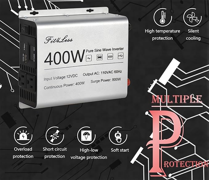 Pure sine Wave Inverter DC 12V Input and AC 110V Output with LCD Display, USB Output Port, Type-C Output Port (400W)
