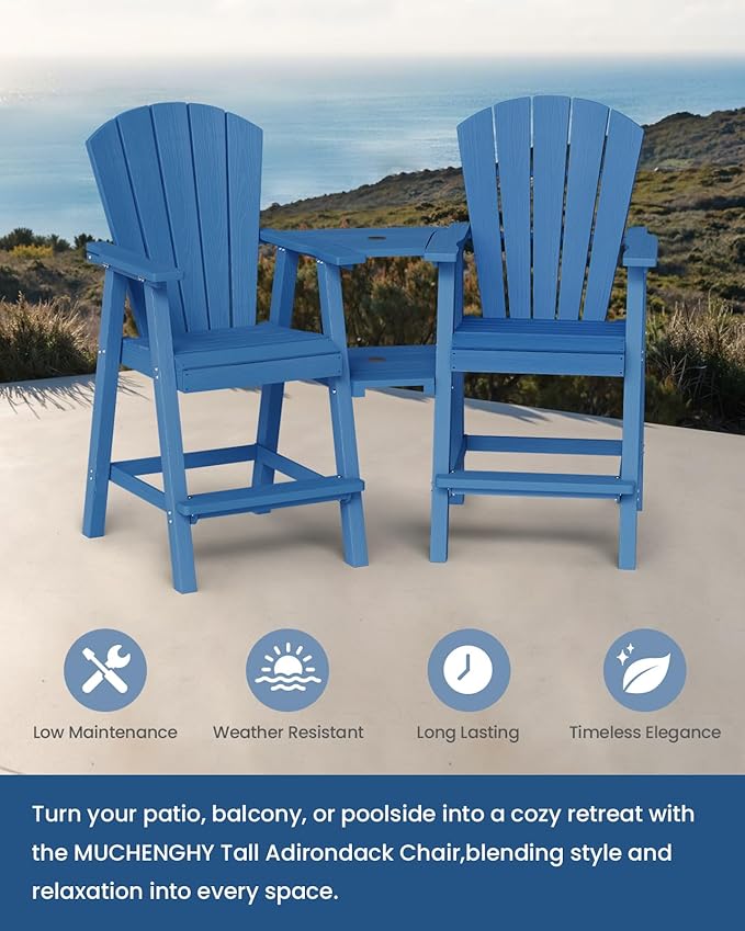 Ciokea Tall Adirondack Chairs Set of 2, HDPE Outdoor High Back Adirondack Chair with Double Connecting Tray, Weather Resistant Balcony Chairs for Deck, Lawn, Pool, Backyard, Navy Blue